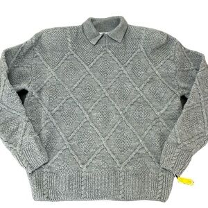 Vintage Gray 100% Pure New Wool‎ Cable Knit Sweater L Fold Over Collar Preppy